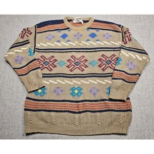 Heather & Tweed Sweater Mens Medium Beige Knit Geometric Pattern Pullover 90s